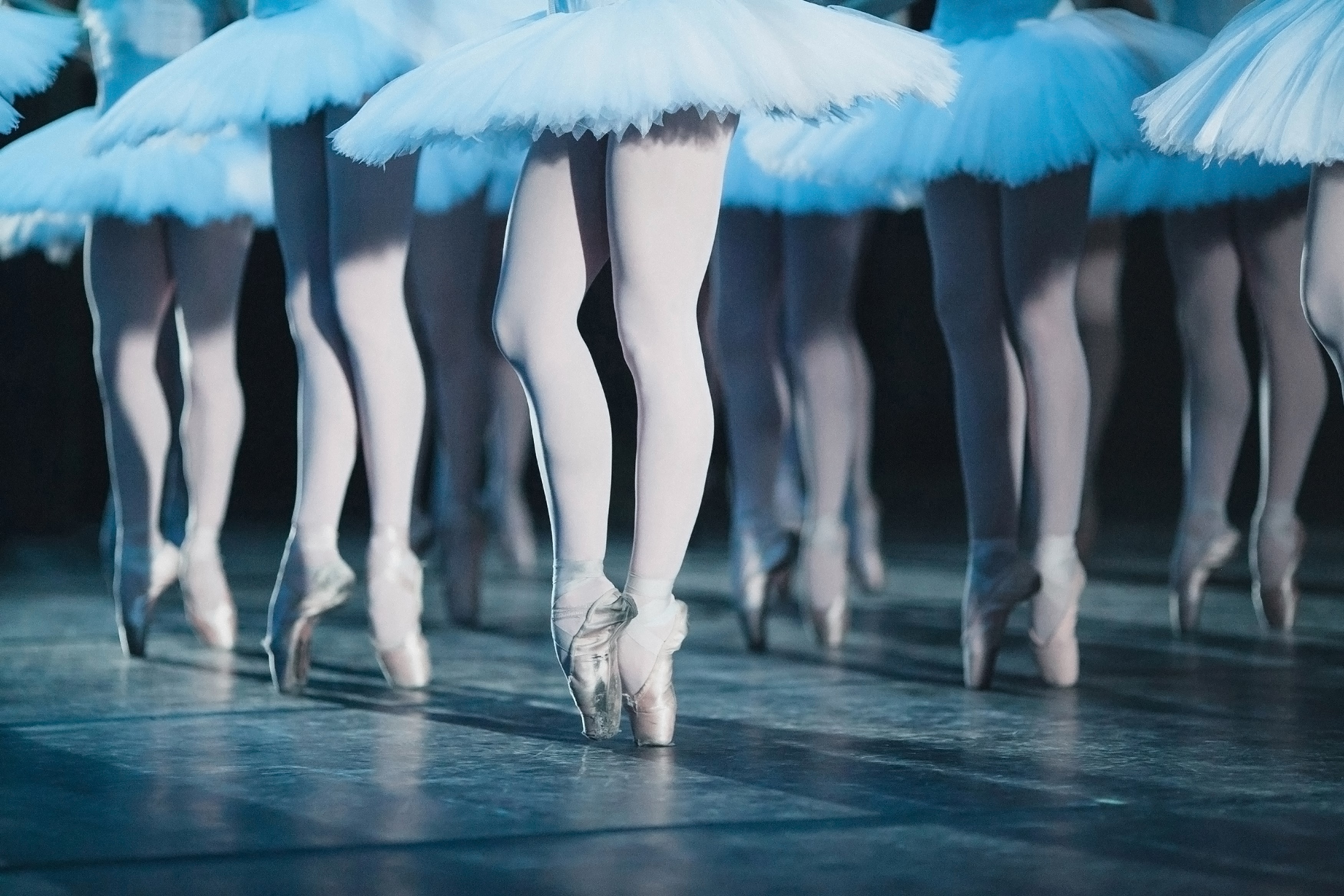 photo of ballet dancers tutus legs and pointe shoes on stage